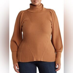 Stitchdrop Cozy Carmel Ribbed Turtleneck Bishop Sleeve Sweater | 2X